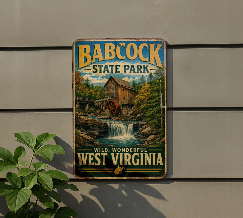 A vintage-style metal sign for Babcock State Park in West Virginia, featuring a scenic image of a mill and waterfall.