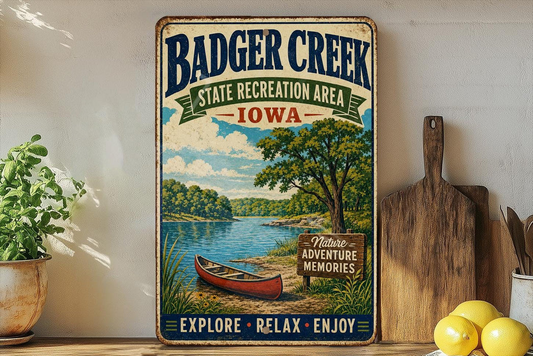 A vintage-style metal sign for Badger Creek State Recreation Area in Iowa, featuring a scenic illustration of a lake, canoe, and trees.