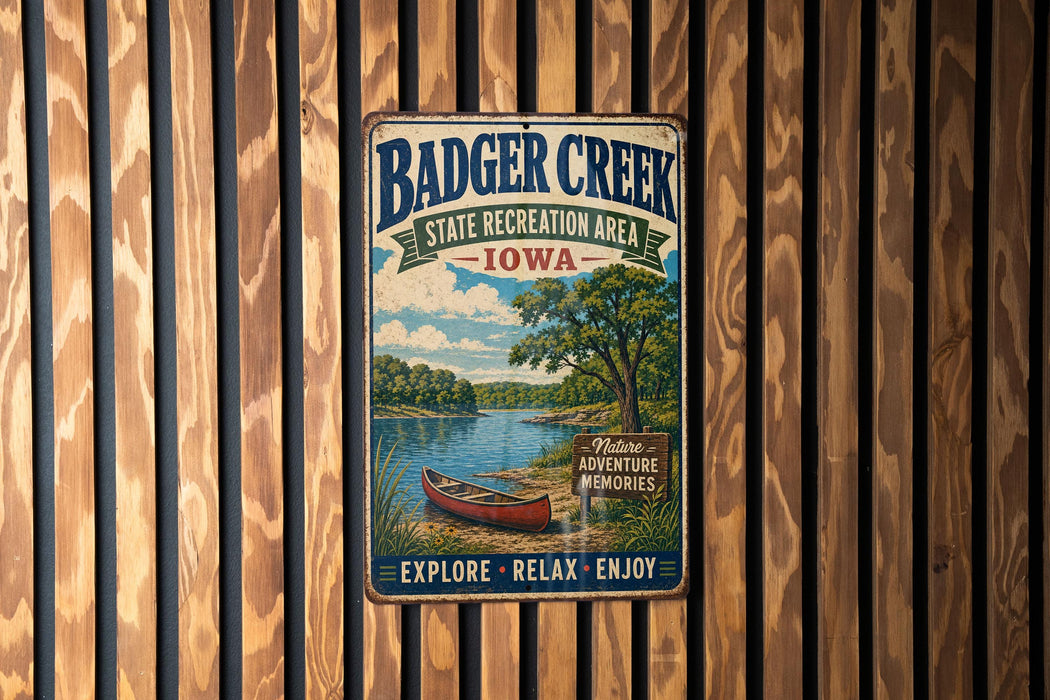 A vintage metal sign for Badger Creek State Recreation Area in Iowa, featuring a scenic illustration of a lake, canoe, and trees.
