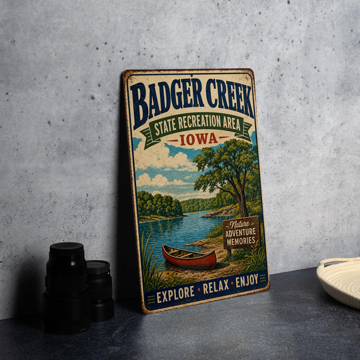 A vintage-style metal sign for Badger Creek State Recreation Area in Iowa, featuring a scenic illustration of a lake, canoe, and trees.