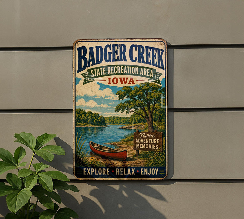 A vintage-style metal sign for Badger Creek State Recreation Area in Iowa, featuring a scenic illustration of a lake, canoe, and surrounding nature.