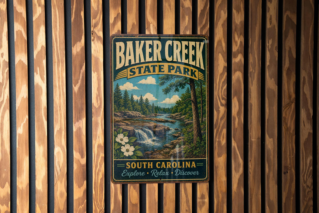A vintage-style metal sign for Baker Creek State Park, featuring a scenic landscape with a waterfall and forest, mounted on a wooden wall.