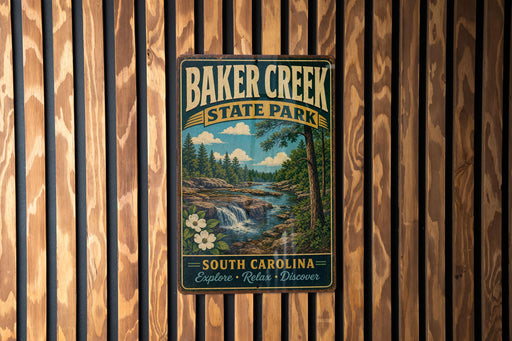 A vintage-style metal sign for Baker Creek State Park, featuring a scenic landscape with a waterfall and forest, mounted on a wooden wall.