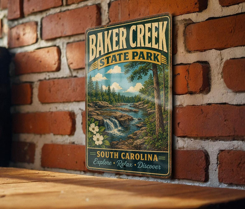 A vintage-style metal sign for Baker Creek State Park, featuring a scenic landscape with a waterfall and forest, mounted on a brick wall.