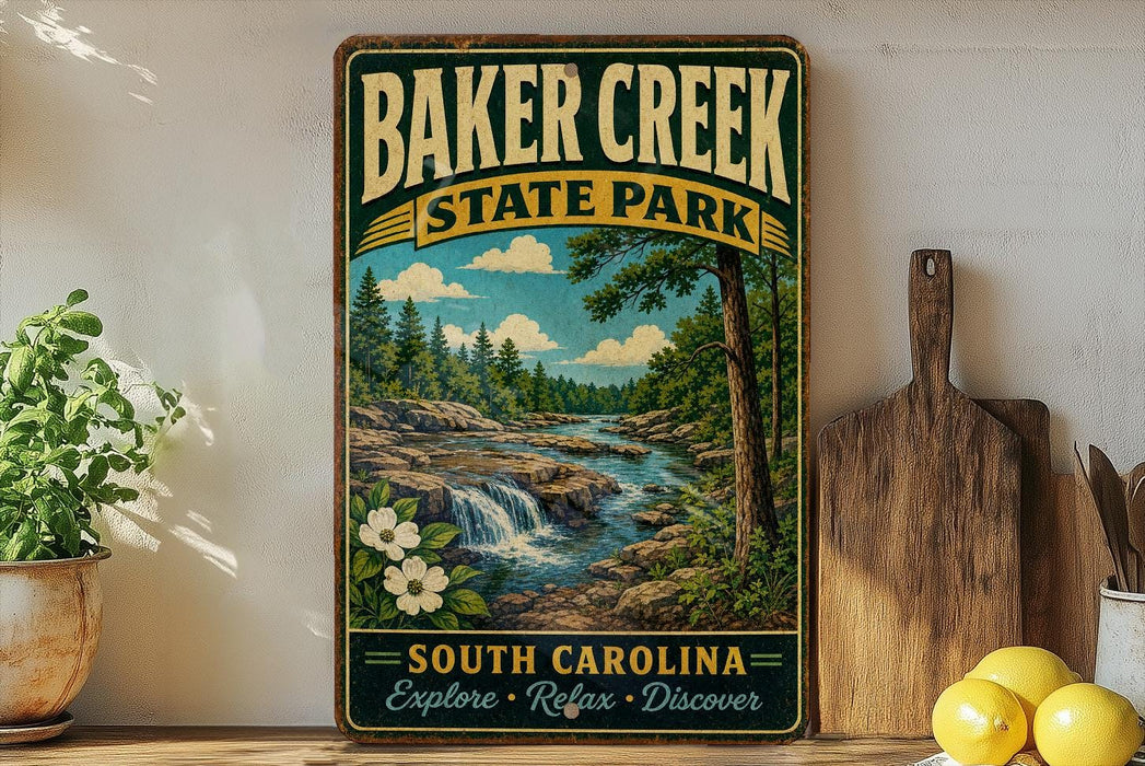 A vintage-style sign for Baker Creek State Park, featuring a scenic illustration of a river and forest landscape.