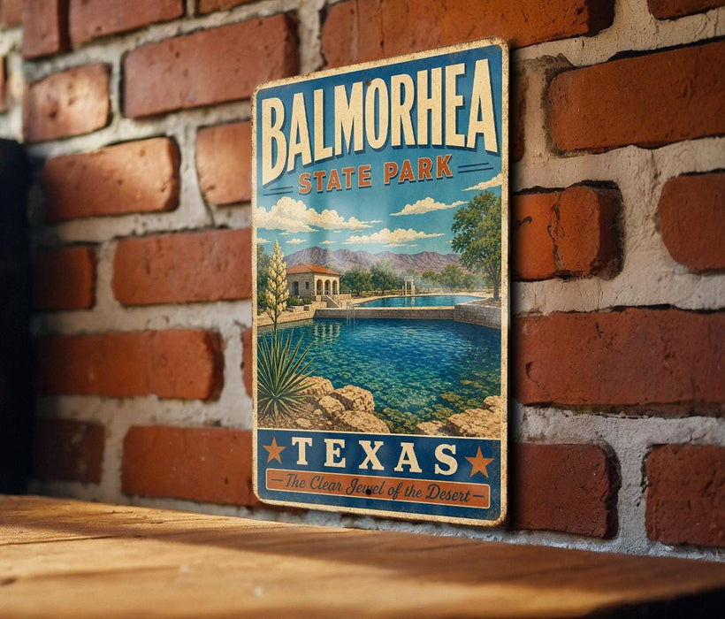 A vintage-style metal sign for Balmorhea State Park in Texas, featuring a scenic illustration of a desert landscape with a pool and palm trees.