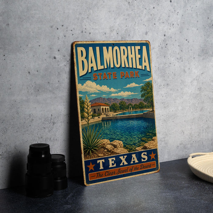 A vintage-style metal sign for Balmorhea State Park in Texas, featuring a scenic illustration of a pool and desert landscape.