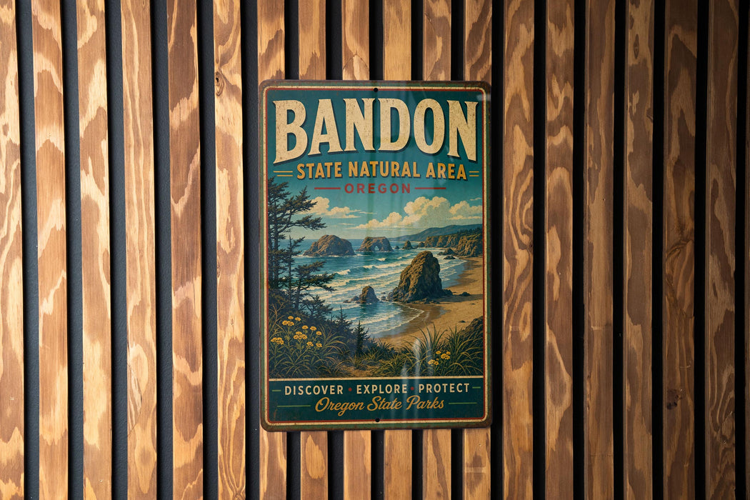 A vintage metal sign for Bandon State Natural Area in Oregon, featuring a scenic landscape with a beach, mountains, and a forest.