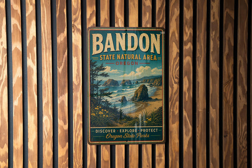 A vintage metal sign for Bandon State Natural Area in Oregon, featuring a scenic landscape with a beach, mountains, and a forest.