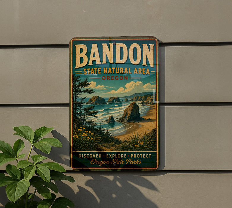 A vintage-style metal sign for Bandon State Natural Area in Oregon, featuring a scenic landscape with rocky cliffs, a beach, and a forest.