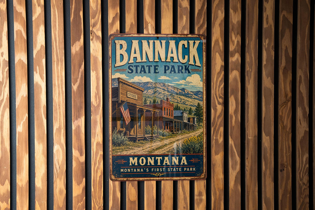 A vintage metal sign for Bannack State Park in Montana, featuring an illustration of a wooden building and mountains in the background.