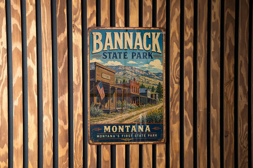 A vintage metal sign for Bannack State Park in Montana, featuring an illustration of a wooden building and mountains in the background.