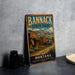 A vintage metal sign for Bannack State Park in Montana, featuring an illustration of a small town with a dirt road and mountains in the background.