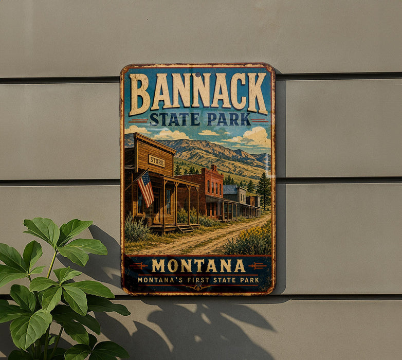 A vintage metal sign for Bannack State Park in Montana, featuring a scenic illustration of a small town with a wooden building, mountains in the background, and a flag.