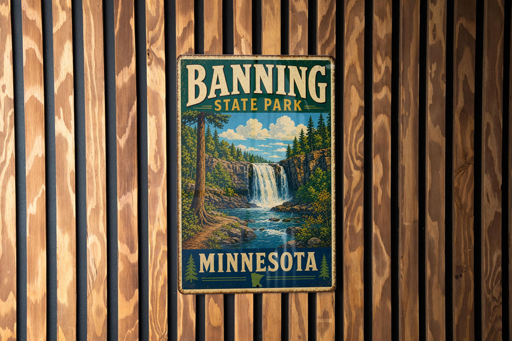 A vintage-style metal sign for Banning State Park in Minnesota, featuring a waterfall and forest landscape.