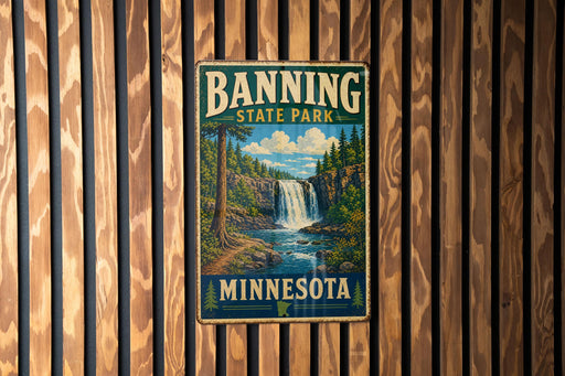 A vintage-style metal sign for Banning State Park in Minnesota, featuring a waterfall and forest landscape.
