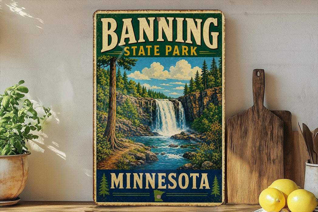 A vintage-style sign for Banning State Park in Minnesota, featuring a scenic illustration of a waterfall surrounded by pine trees and a path leading to the waterfall.