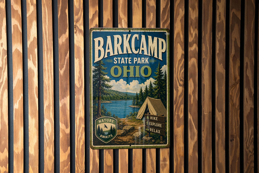 A vintage-style metal sign for Barkcamp State Park in Ohio, featuring a scenic landscape with pine trees, a lake, and a tent, mounted on a wooden wall.