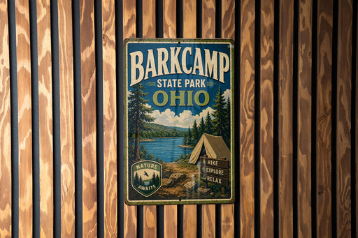 A vintage-style metal sign for Barkcamp State Park in Ohio, featuring a scenic landscape with pine trees, a lake, and a tent, mounted on a wooden wall.