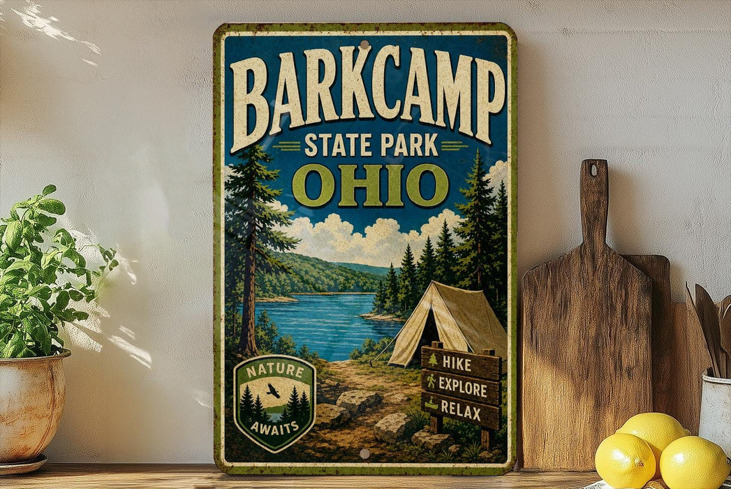 A vintage-style metal sign for Barkcamp State Park in Ohio, featuring a scenic landscape with pine trees, a lake, and a tent, along with the text "BARKCAMP STATE PARK OHIO" and "NATURE AWAITS".