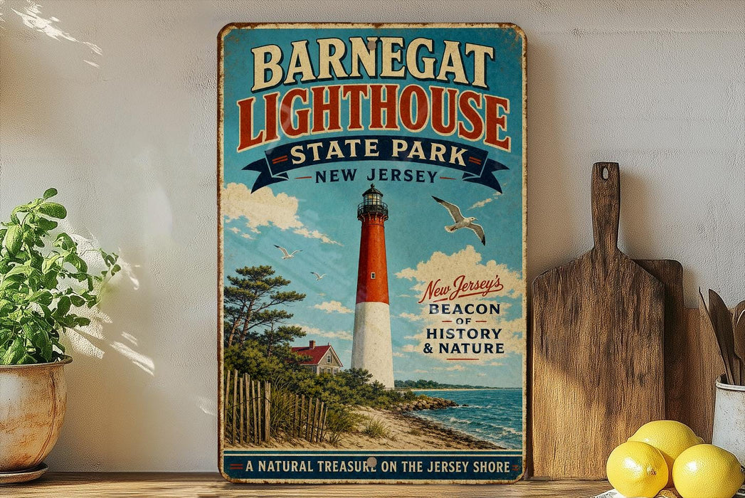 A vintage-style sign for Barnegat Lighthouse State Park in New Jersey, featuring a lighthouse and a coastal landscape.