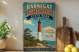 A vintage-style sign for Barnegat Lighthouse State Park in New Jersey, featuring a lighthouse and a coastal landscape.
