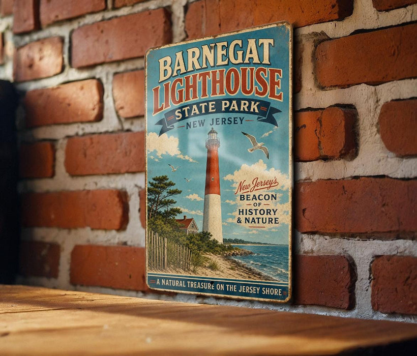 A vintage-style sign for BarnEGAT LIGHTHOUSE STATE PARK in New Jersey, featuring a lighthouse and a coastal landscape.