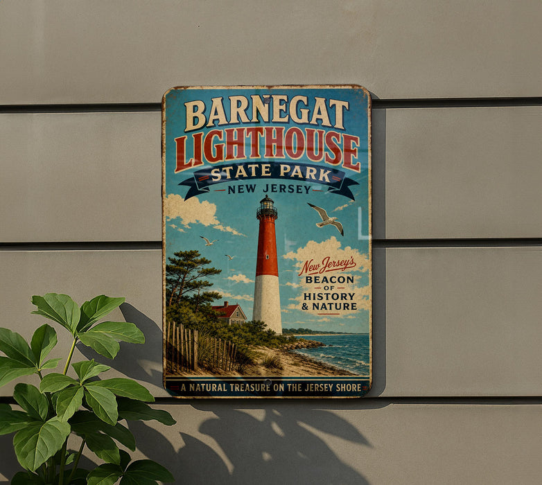 A vintage-style sign for Barnegat Lighthouse State Park in New Jersey, featuring a lighthouse and a coastal scene.