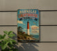A vintage-style sign for Barnegat Lighthouse State Park in New Jersey, featuring a lighthouse and a coastal scene.