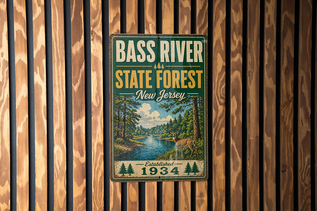A vintage metal sign for the Bass River State Forest in New Jersey, featuring a scenic illustration of a forest and a river.