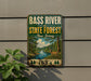 A vintage-style metal sign for the Bass River State Forest in New Jersey, featuring a scenic illustration of a forest and a deer.