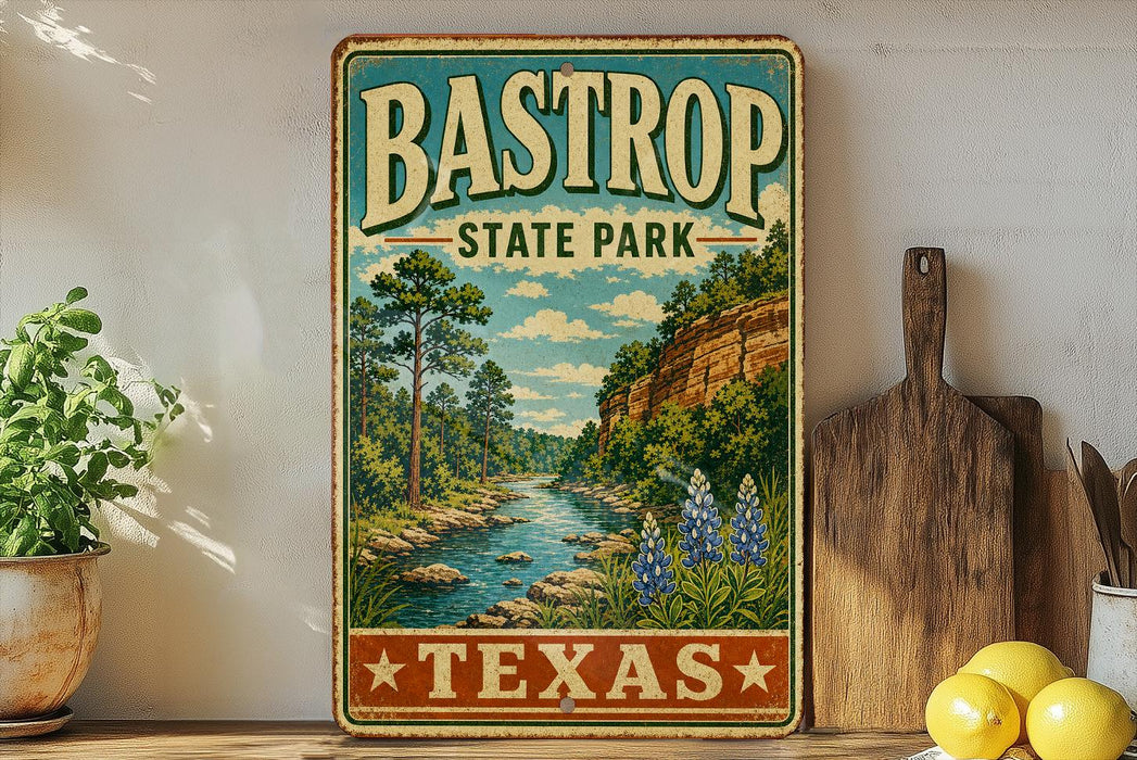 A vintage-style sign for Bastrop State Park in Texas, featuring a scenic illustration of a river, trees, and a cliff.