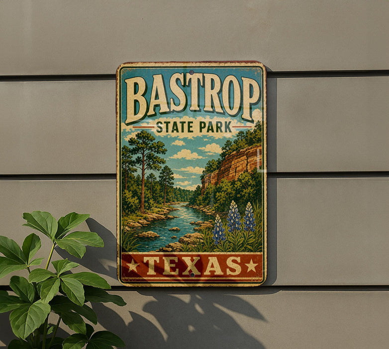 A vintage metal sign for Bastrop State Park in Texas, featuring a scenic landscape with a river, trees, and flowers.
