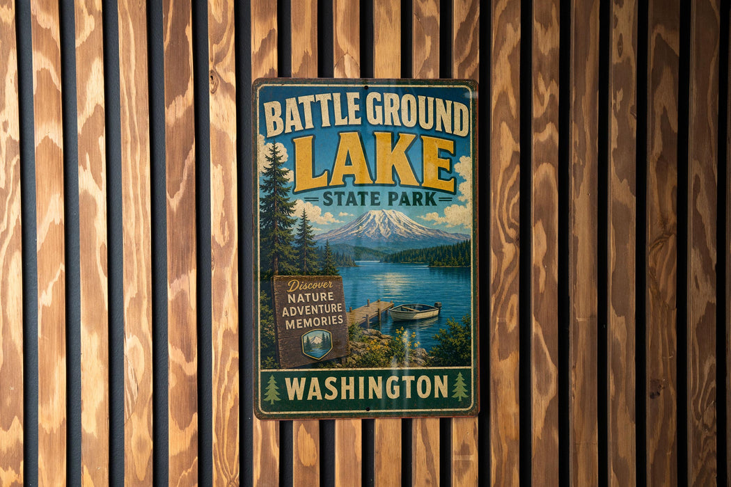 A vintage metal sign for Battle Ground Lake State Park in Washington, featuring a scenic image of the lake and mountains.