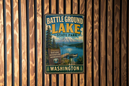A vintage metal sign for Battle Ground Lake State Park in Washington, featuring a scenic image of the lake and mountains.