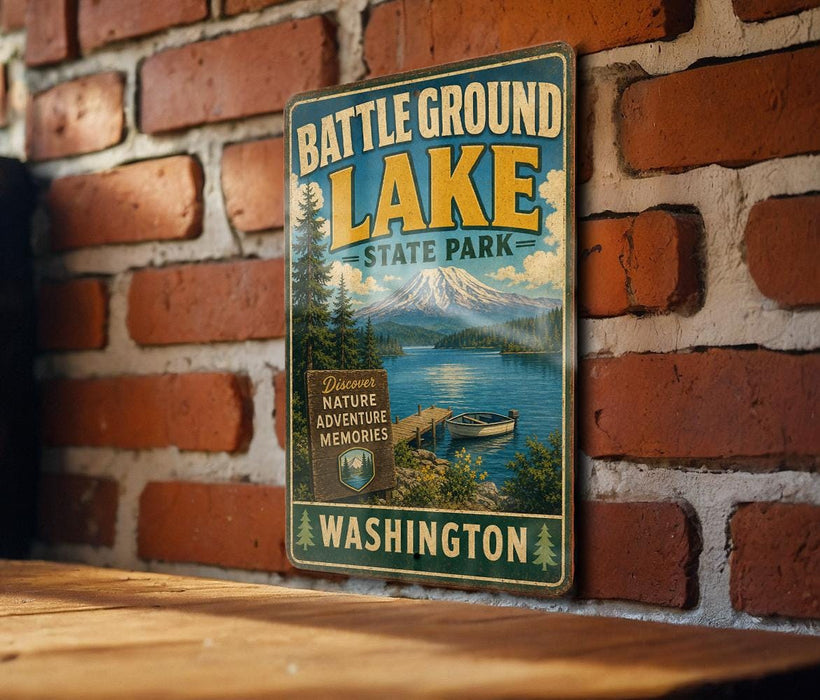 A vintage-style metal sign for Battle Ground Lake State Park in Washington, featuring a scenic image of the lake and mountains.