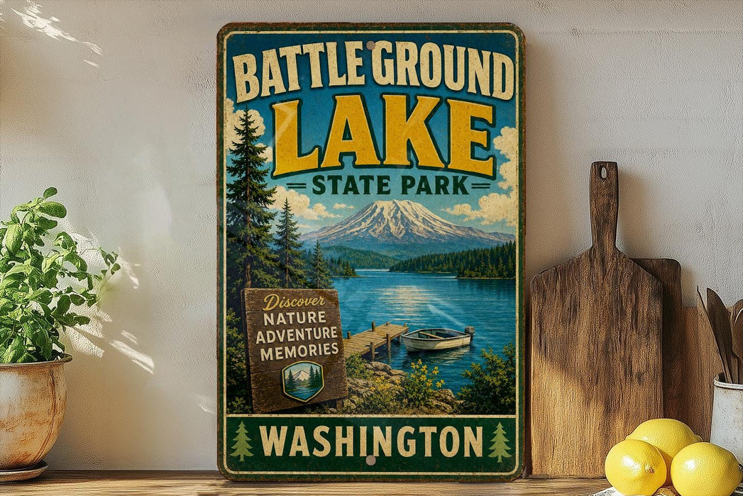 A vintage-style metal sign for Battleground Lake State Park in Washington, featuring a scenic image of the lake and mountains.