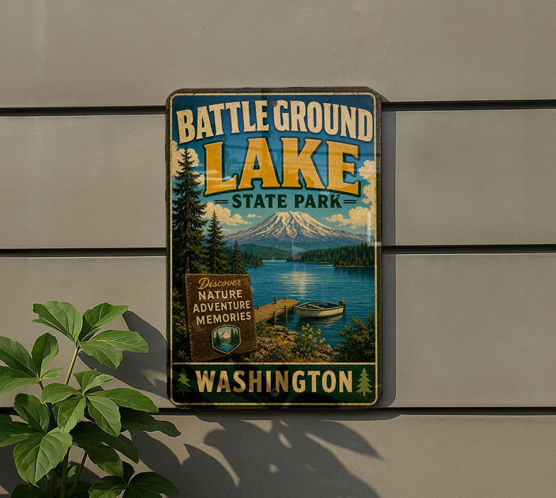 A vintage-style metal sign for Battle Ground Lake State Park in Washington, featuring a scenic image of the lake and mountains.