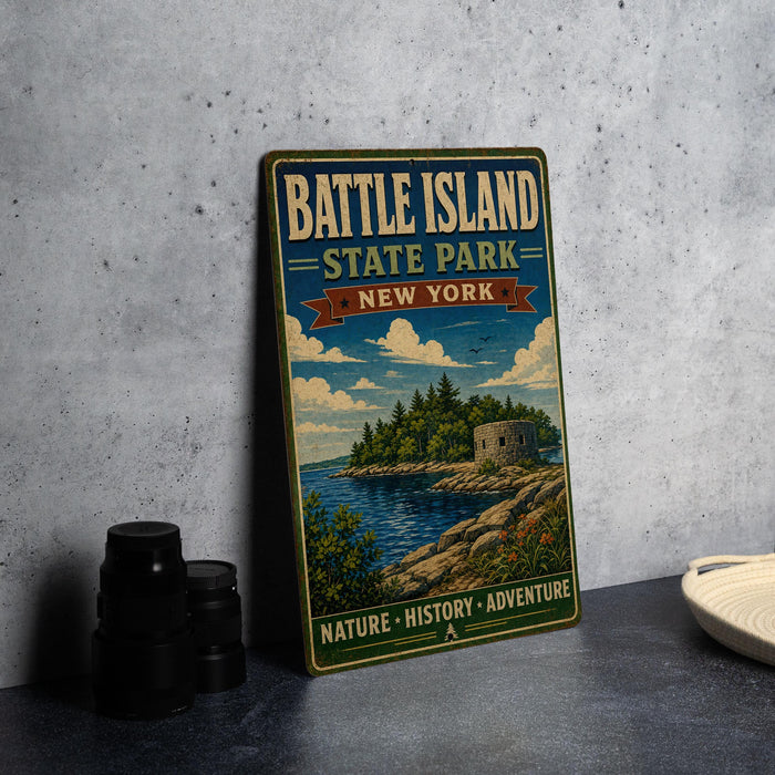 A vintage-style metal sign for Battle Island State Park in New York, featuring a scenic illustration of the island and its surroundings.