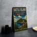 A vintage-style metal sign for Battle Island State Park in New York, featuring a scenic illustration of the island and its surroundings.