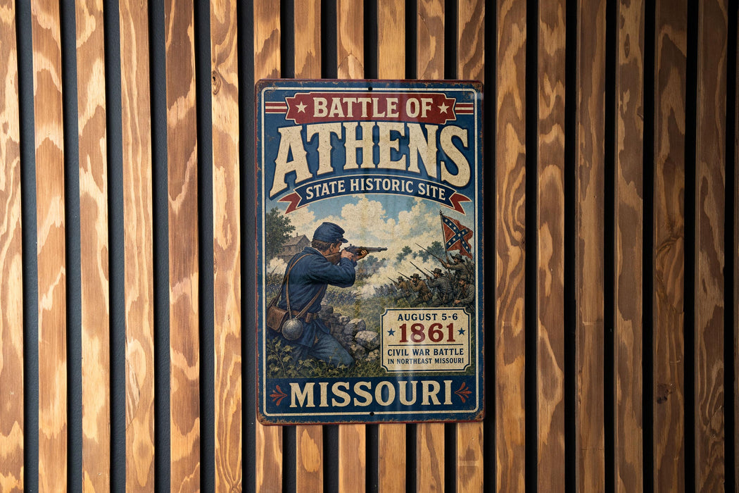 A vintage metal sign depicting a battle scene from the Civil War in Missouri, with a soldier in uniform and a Union flag.