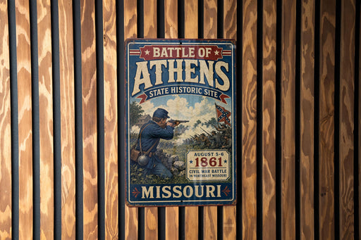 A vintage metal sign depicting a battle scene from the Civil War in Missouri, with a soldier in uniform and a Union flag.