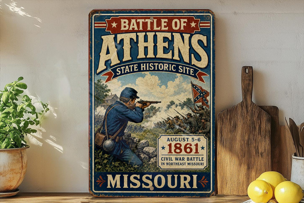 A vintage-style metal sign depicting a Civil War battle scene in Missouri, with a soldier aiming a rifle.
