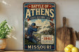 A vintage-style metal sign depicting a Civil War battle scene in Missouri, with a soldier aiming a rifle.