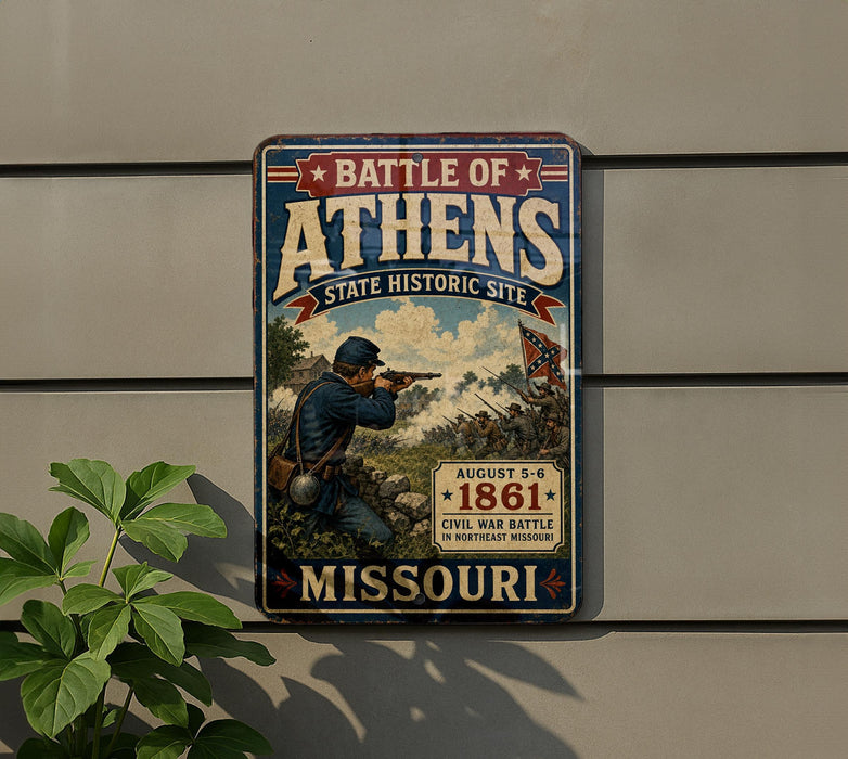 A vintage metal sign on a wall, depicting a Civil War battle scene in Missouri.