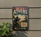 A vintage metal sign on a wall, depicting a Civil War battle scene in Missouri.