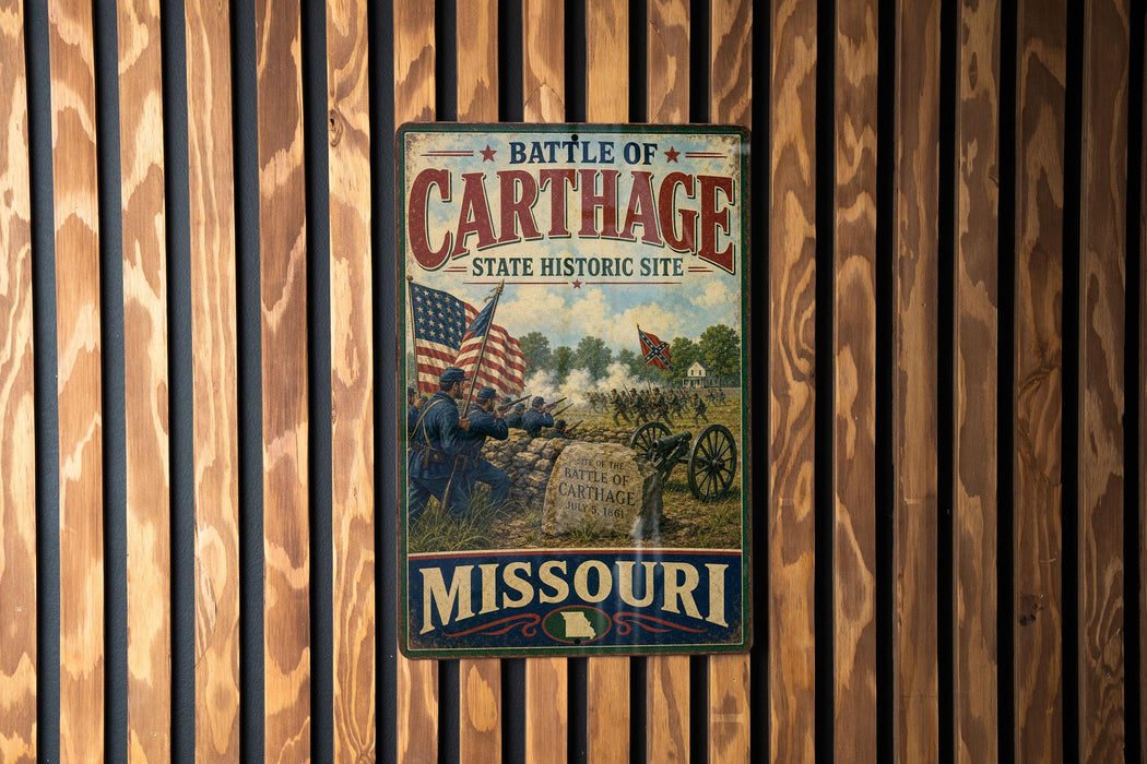 A vintage metal sign displaying the Battle of Cartage, a significant event in Missouri's state history, with an American flag in the background.