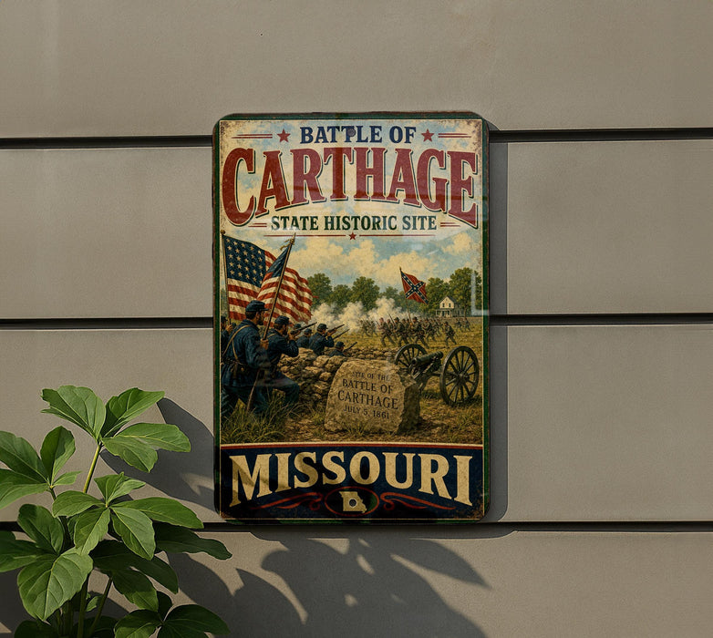 A vintage metal sign depicting a battle scene from the Battle of Carthage, with American flags and soldiers in the foreground.