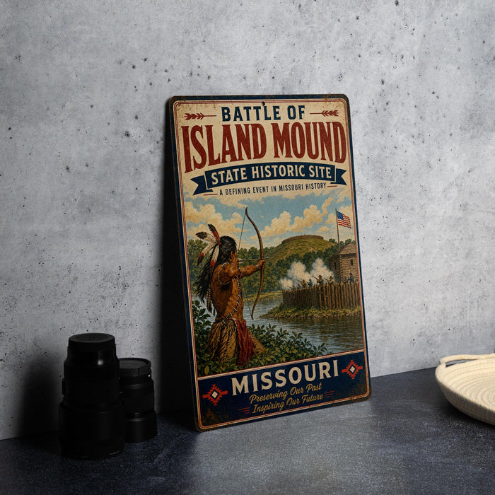 A vintage metal sign for the Battle of Island Mound, a state historic site in Missouri, featuring an illustration of a Native American man with a bow and arrow.