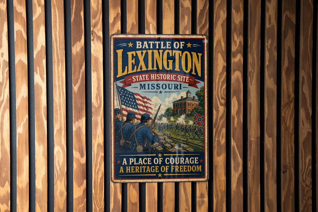 A metal sign with a vintage design hangs on a wooden wall, depicting a battle scene with soldiers and an American flag.